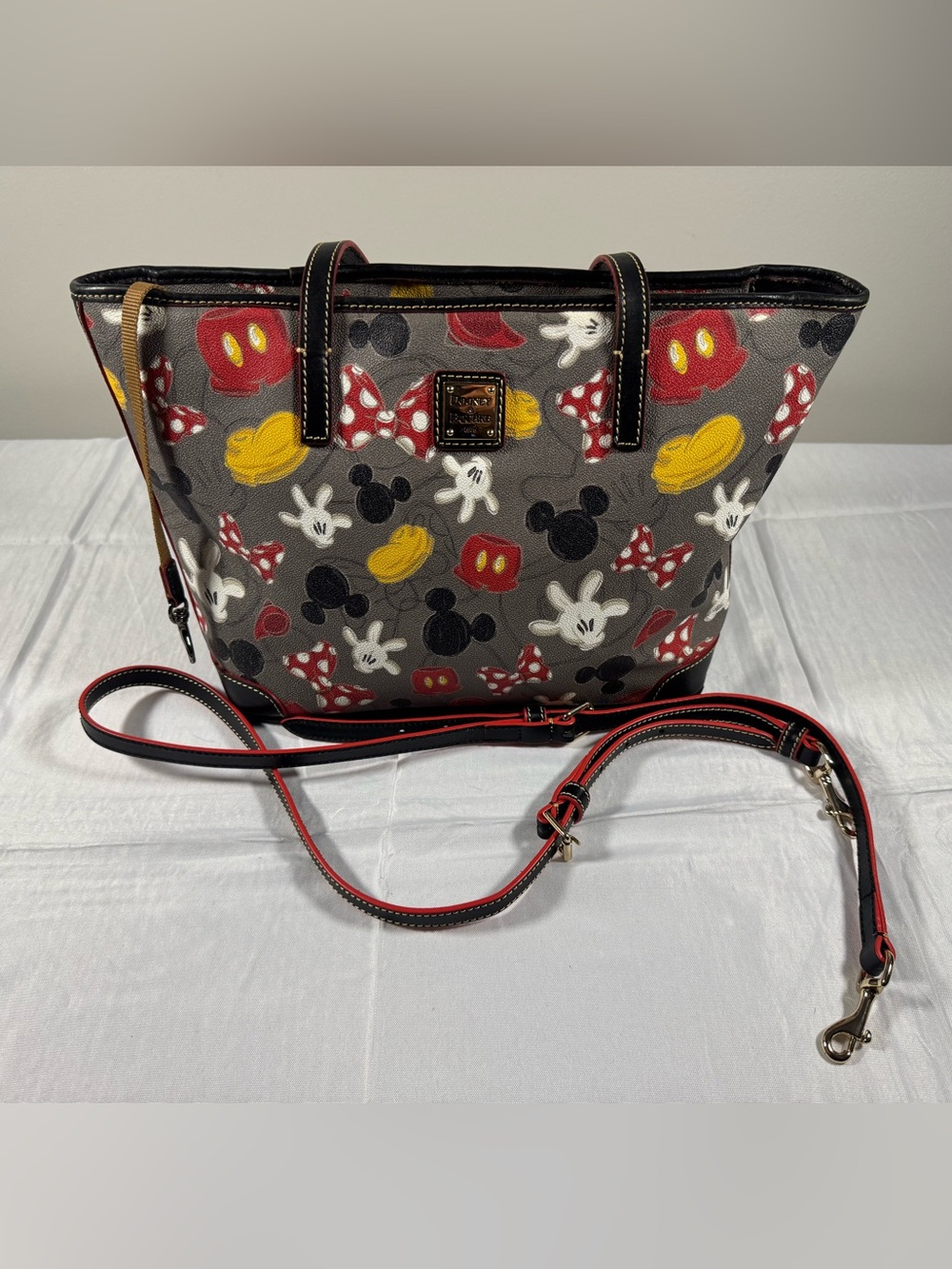 Dooney & Bourke Gray Mickey & Minnie Canvas Tote with Red and Yellow Accents